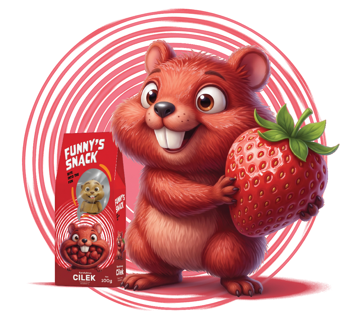 Elinde çilek tutan Funny's Snack maskotu ve çilek kurusu paketi