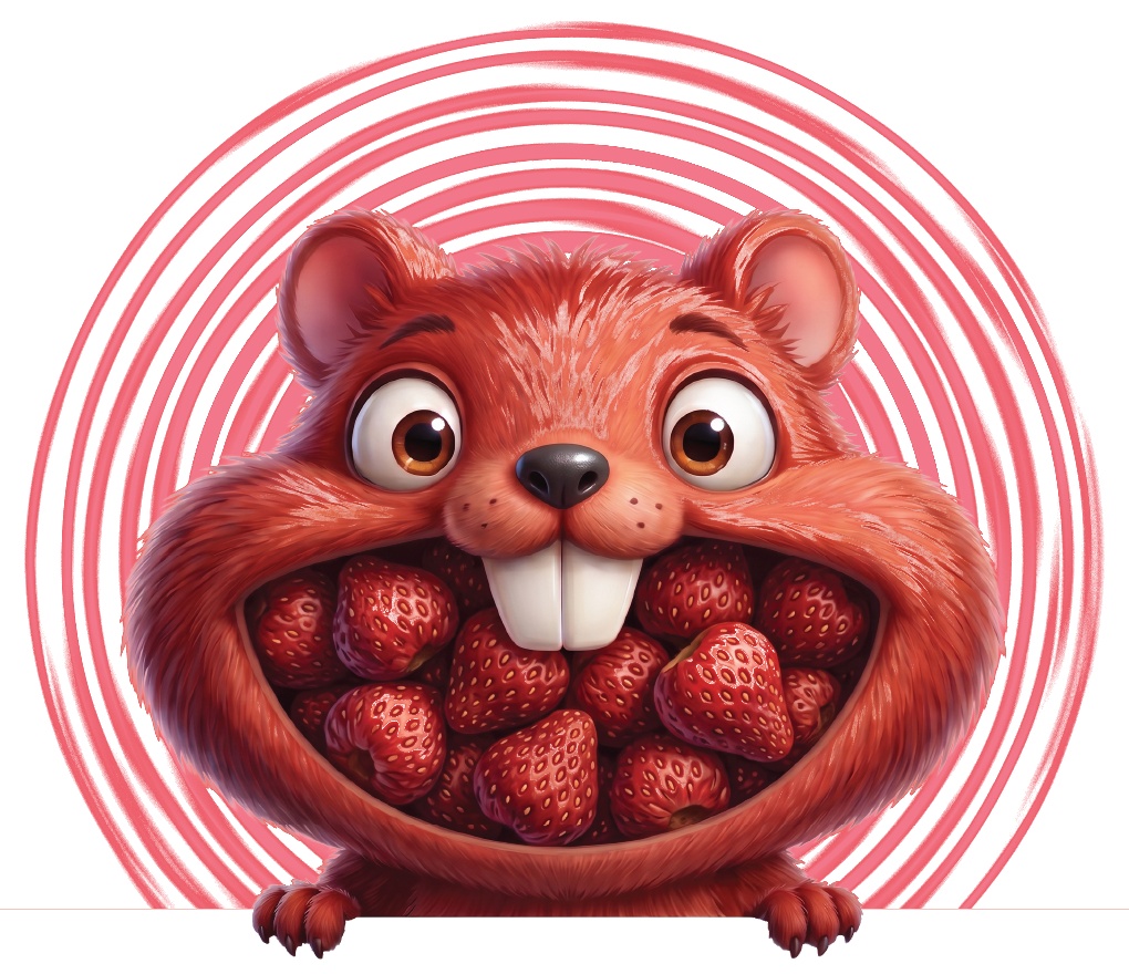 Ağzı çilek dolu Funny's Snack maskotu